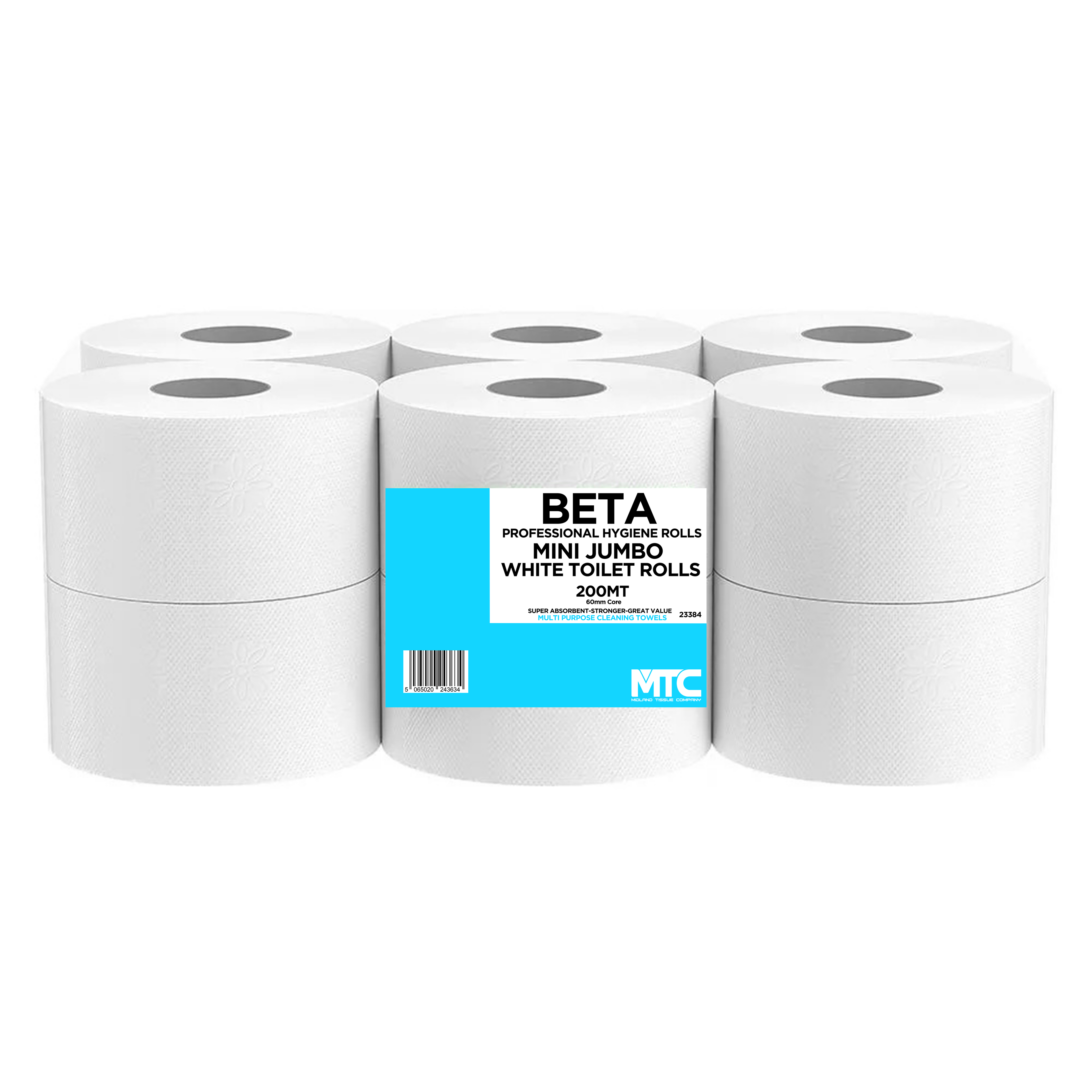 Mini Jumbo Pure White Toilet Rolls 200mt (60mm Core) 1 x 12 Pack